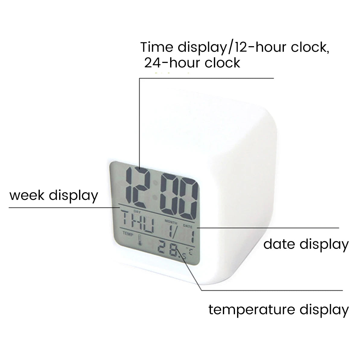 LED Digital Alarm Clock Mini Desk Cube Clock with Colorful Lights Multi-function Alarm Clocks with Calendar Temperature Display