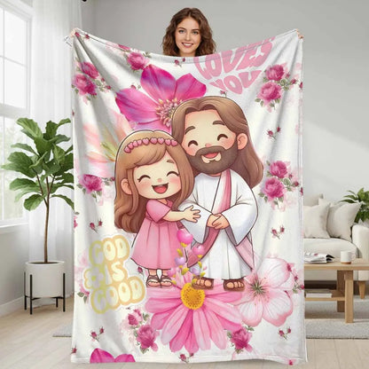 Cartoon Faith and Love Flannel Blanket Floral Pink Heart Print with Cute Hugging Girl Design Ultra Soft Lightweight Cozy Throw Perfect for Bedroom Decor Church Gifts Sofa Nap Prayer Moments Spiritual Gatherings and Holiday Blessings Use