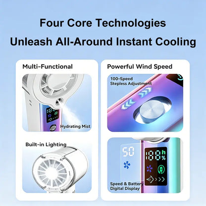 MREGB 2026 New Mist Spray Cooling Handheld Fan — High-Speed ​​Cooling Fan with Long-Lasting Battery, CVT to Randomly Adjust Airflow, Built-In Lighting, Relief Portable Fan for Summer Walk