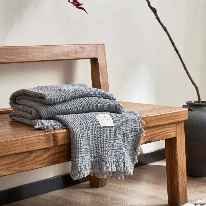 Maillard Cotton Blankets Four Layers Of Gauze Sofa Cover Blanket With Tassel AB Side Office Nap Decorative Bed Muslin Blanket