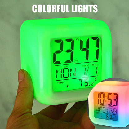 LED Digital Alarm Clock  Mini Desk Cube Clock with Colorful Lights Multi-function Alarm Clocks with Calendar Temperature Display