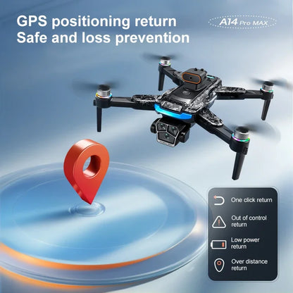 Drone A14Pro Max 8K HD Three Camera Brushless Optical Flow Obstacle Avoidance Foldable Quadcopter UAV 4.5-inch Large Screen Toys