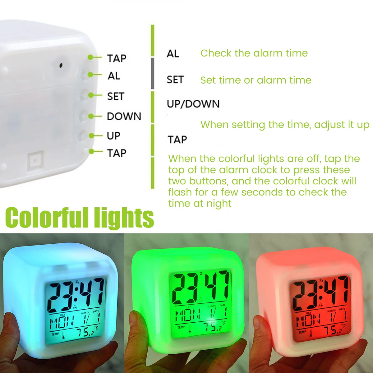 LED Digital Alarm Clock  Mini Desk Cube Clock with Colorful Lights Multi-function Alarm Clocks with Calendar Temperature Display