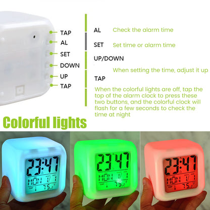 LED Digital Alarm Clock  Mini Desk Cube Clock with Colorful Lights Multi-function Alarm Clocks with Calendar Temperature Display