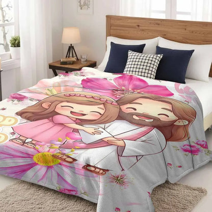 Cartoon Faith and Love Flannel Blanket Floral Pink Heart Print with Cute Hugging Girl Design Ultra Soft Lightweight Cozy Throw Perfect for Bedroom Decor Church Gifts Sofa Nap Prayer Moments Spiritual Gatherings and Holiday Blessings Use