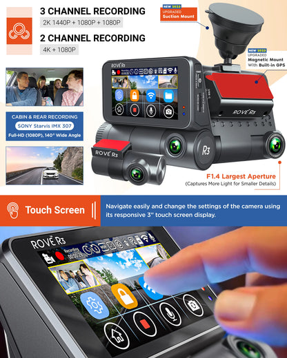 ROVE R3 - 3 Channel Touchscreen Dash Cam Front, inside and Rear 1440P+1080P+1080P Built-In 5G Wi-Fi, GPS Dashboard Camera for Car, Truck, Semi Truck, Mini Bus, Suvs with Super Night Vision Technology, Parking Mode, WDR, Supports 512GB Max