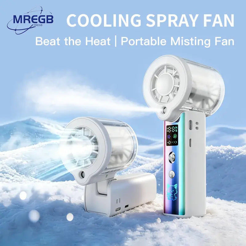 MREGB 2026 New Mist Spray Cooling Handheld Fan — High-Speed ​​Cooling Fan with Long-Lasting Battery, CVT to Randomly Adjust Airflow, Built-In Lighting, Relief Portable Fan for Summer Walk
