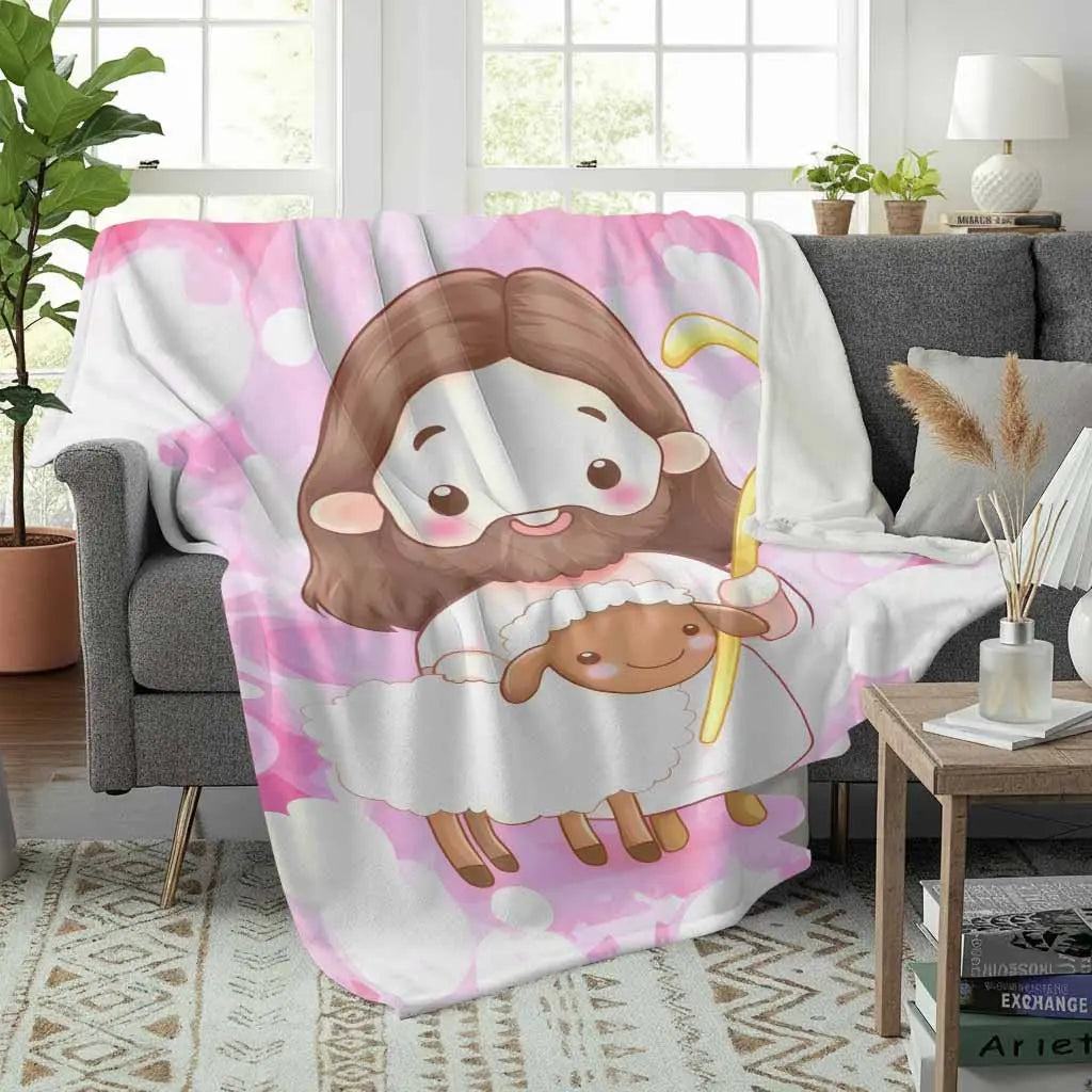 Cartoon Faith and Love Flannel Blanket Floral Pink Heart Print with Cute Hugging Girl Design Ultra Soft Lightweight Cozy Throw Perfect for Bedroom Decor Church Gifts Sofa Nap Prayer Moments Spiritual Gatherings and Holiday Blessings Use