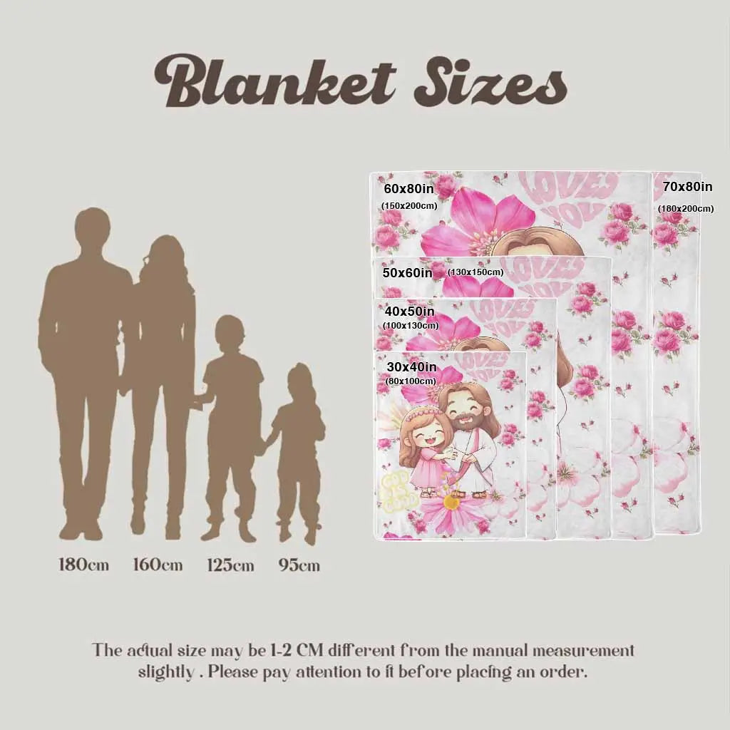 Cartoon Faith and Love Flannel Blanket Floral Pink Heart Print with Cute Hugging Girl Design Ultra Soft Lightweight Cozy Throw Perfect for Bedroom Decor Church Gifts Sofa Nap Prayer Moments Spiritual Gatherings and Holiday Blessings Use